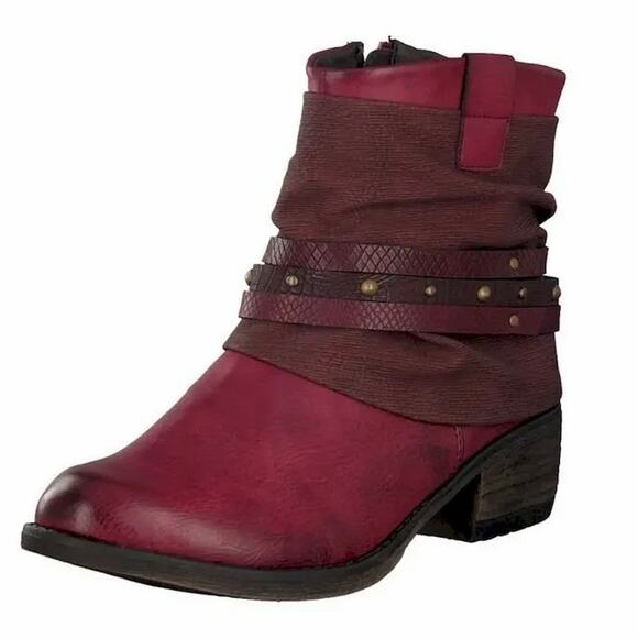Rieker 93182-35 Damen Red Faux Leather Block Heel Ankle Boots - Picture 1 of 9